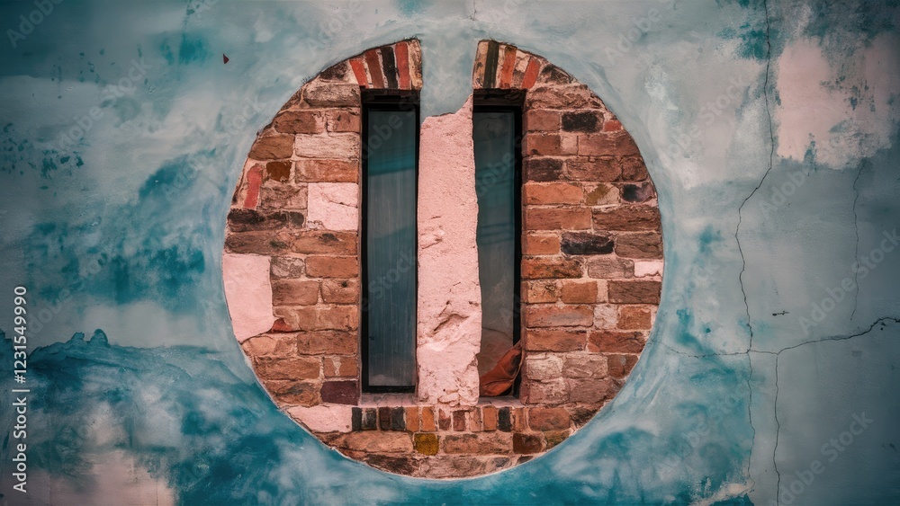 Poster circular opening in a textured wall featuring two vertical windows framed with brick, surrounded by 