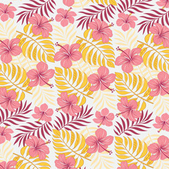 Seamless pink flowers and yellow tropical leaves Pattern , vector illustration design.