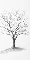 A tree is drawn in black and white. The tree is bare and has no leaves. The trunk is thin and the branches are sparse