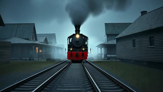 Steam train travels through quiet town at dusk with mist and shadows creating an eerie atmosphere