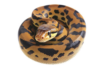 Fototapeta premium Coiled yellow and black patterned snake, isolated on white transparent background, reptiles or wildlife, symbolizing Chinese Lunar New year
