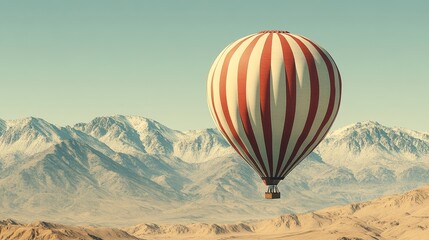 Obraz premium Retro-styled hot air balloon soaring over a snow-capped mountain range and desert landscape