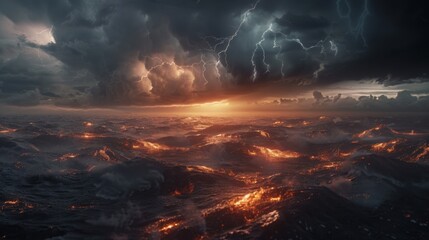 Thunderstorm displays an abstract beauty. Lightning and rain dominate the dark, stormy sky.