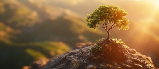 Lone green tree on a rocky outcrop with a golden sunset background illuminating rolling hills and a serene atmosphere in soft warm colors.