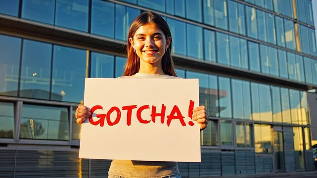 A cheerful young woman stands outdoors in front of a glass building, holding a large white sign with the word "GOTCHA!" written in bold red letters, smiling playfully under the bright sunlight.
