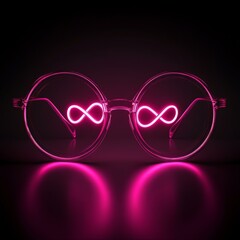 Illuminated Infinity Symbol Glasses on Dark Background with Pink Glowing Light and Reflection
