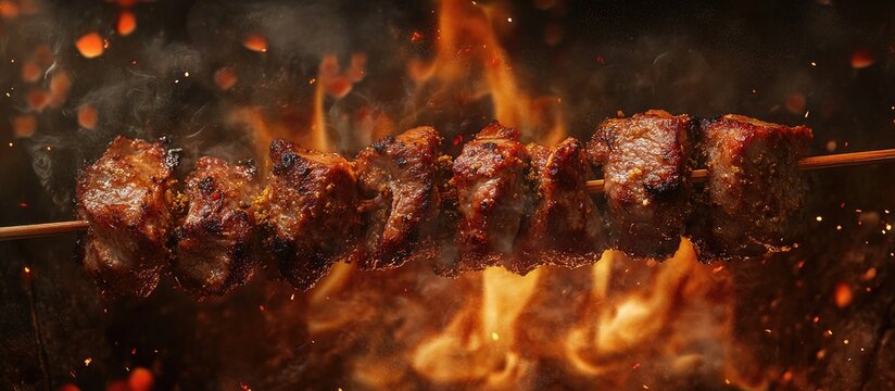 Grilled cumin lamb skewers with charred brown meat against a backdrop of flames and glowing embers creating a vibrant culinary appeal