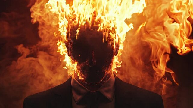 A figure in a suit is engulfed in intense orange and yellow flames against a dark background. Dramatic dark lighting style