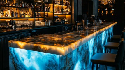 Illuminated Bar Counter with Stools and Shelves of Alcoholic Drinks at Night