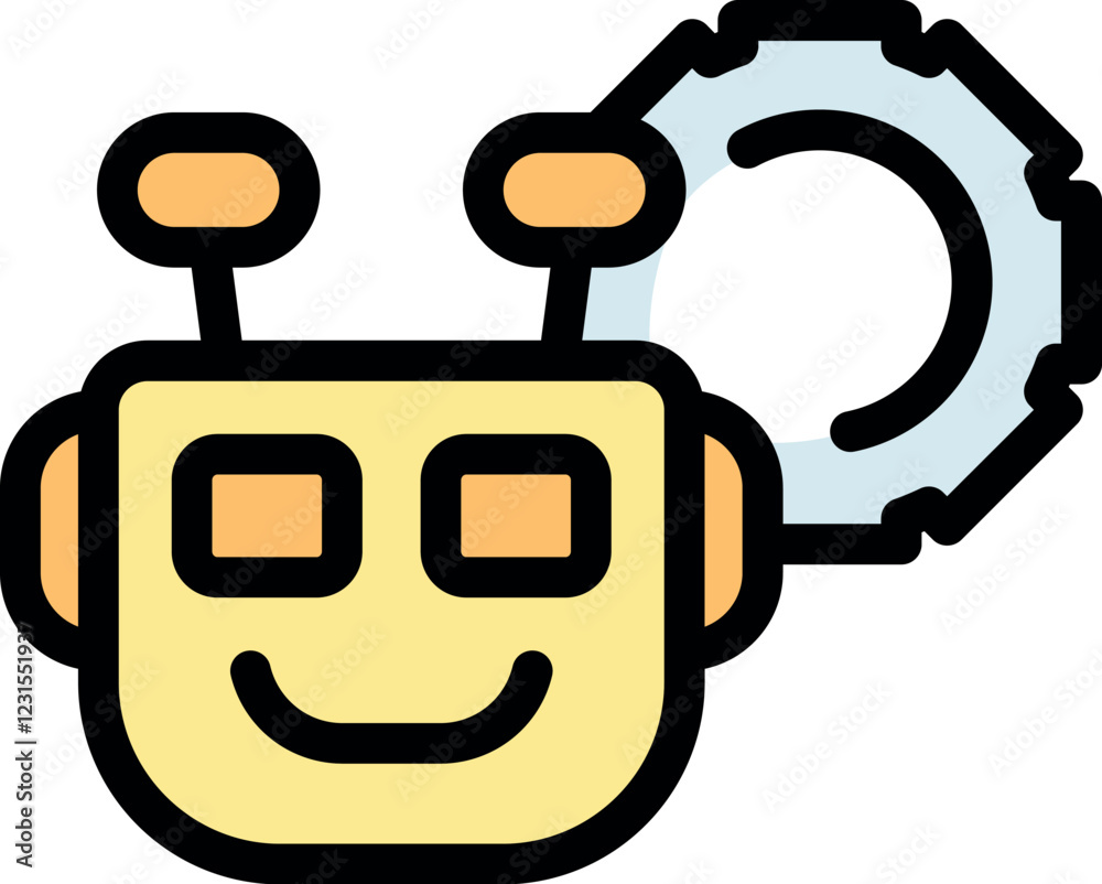 Poster smiling robot with antennas and mechanical gear, representing ai settings and customization options