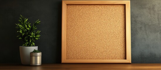 Fototapeta premium Wooden framed corkboard on a dark wall with a potted plant in a metallic pot positioned on a wooden tabletop creating a warm ambiance.