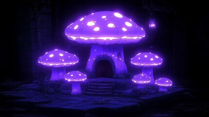 Glowing Purple Mushrooms Enchanting a Dark Forest Scene