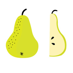 Illustration of a green pear whole and sliced with seeds on white background in flat style
