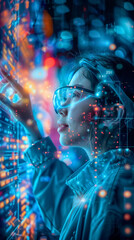 focused woman wearing glasses interacts with digital interface, showcasing technology and innovation. vibrant colors and lights create futuristic atmosphere
