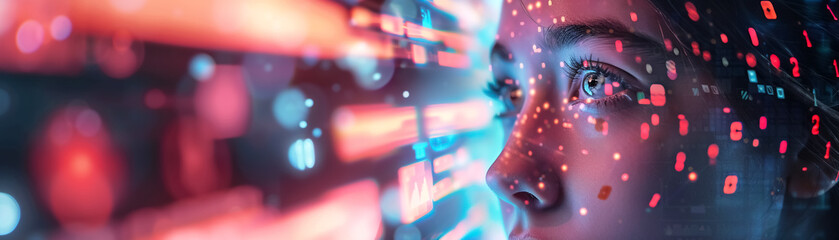 Engaged student using interactive technology, focused on digital data and learning. vibrant colors and dynamic visuals create inspiring atmosphere for education