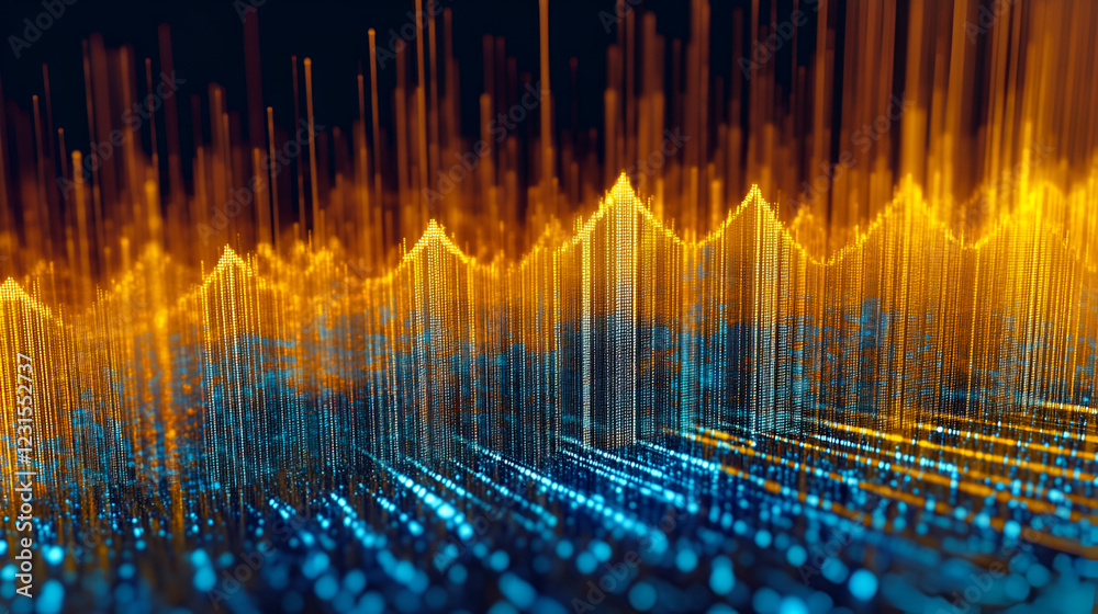 Poster digital data flow: an abstract visualization of data flow and network activity, with glowing blue an