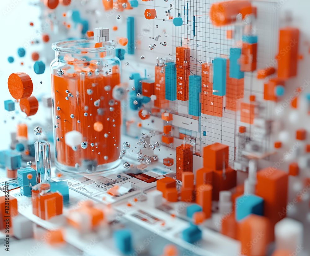 Poster data visualization: abstract 3d render of vibrant orange and teal geometric shapes swirling around a