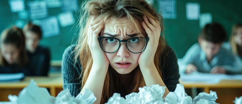 Student stressed and overwhelmed in classroom surrounded by crumpled papers, facing exam pressure and anxiety during a busy school day. Focus on education challenges. - Powered by Adobe