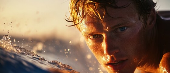 Surfer preparing to ride a wave during sunset, showcasing ocean adventure, water sports excitement, and the thrill of surfing in coastal landscapes.