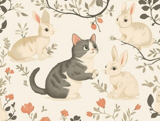 Cat and bunnies in garden; spring floral background; illustration for kids' book
