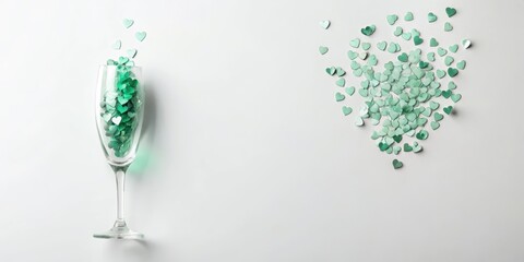 Celebration of love  Champagne flute filled with scattered green hearts