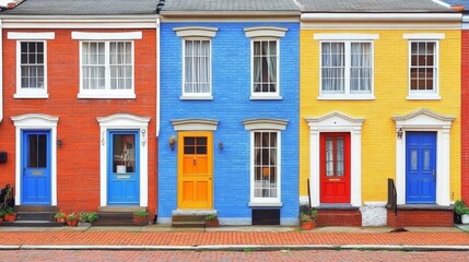Obraz premium Vibrant Row of Colorful Terraced Houses with Contrasting Doors