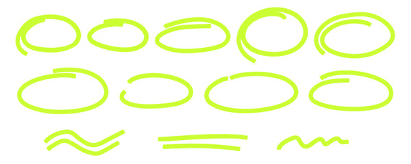 Neon Marker highlight oval frame set. Doodle highlight line. Hand drawn sketch. Highlighting text and important objects. Round scribble frames. Stock vector illustration on white background.