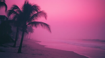 Pinkish Coastal Palm Trees Under Foggy Skies at Sunset by the Beachside Landscape