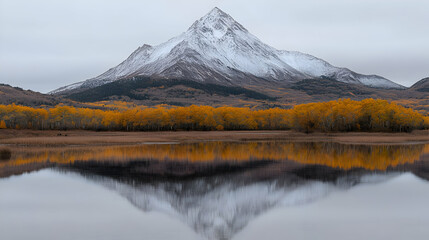 Snow-capped mountain reflected in autumn lake
