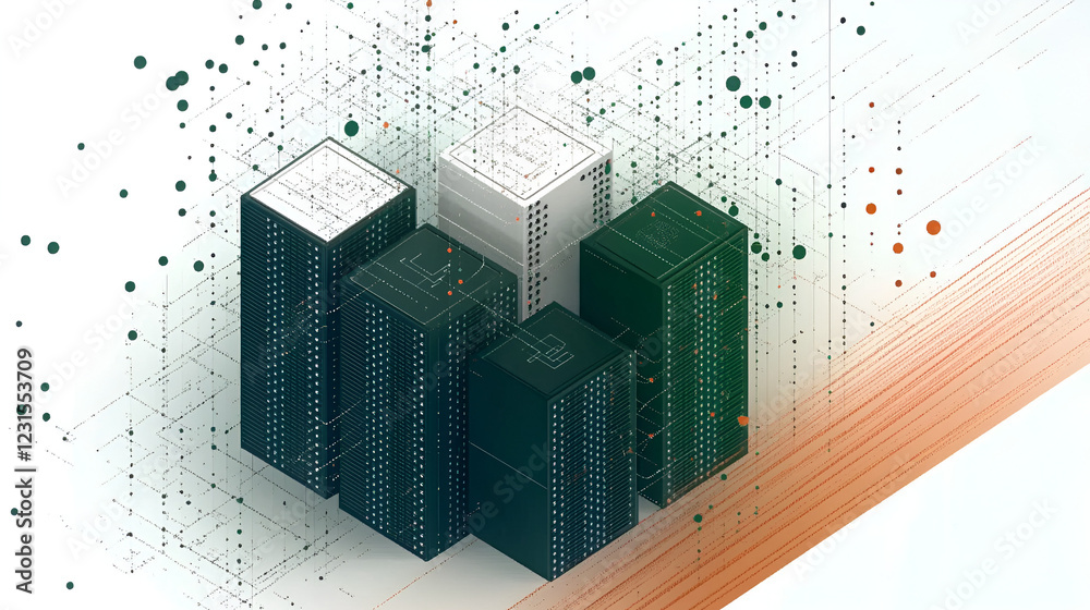 Poster digital architecture: abstract isometric illustration depicting interconnected data servers forming 