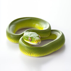 Obraz premium Closeup of bright green snake with detailed scales, coiled and resting isolated on white transparent background