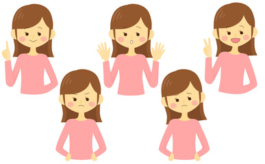 Obraz premium 色んな表情のシンプルで可愛い女性のイラストセット