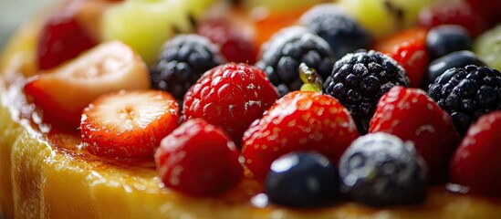 Assorted fresh berries including strawberries, raspberries, blueberries, and blackberries atop a golden pastry, vibrant colors and detailed textures.