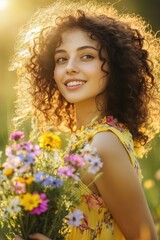 Naklejka premium Woman smiling in a field holding a bouquet of wildflowers with sunlight streaming through trees, enjoying nature and vibrant spring or summer day outdoors.