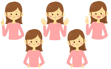 色んな表情のシンプルで可愛い女性のイラストセット