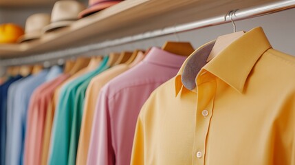 Pastel Colored Men's Shirts Hanging in a Well Organized Wardrobe