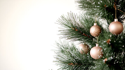 Christmas Tree Detail: Elegant rose gold ornaments adorn a lush, snow-dusted Christmas tree, creating a festive and sophisticated holiday scene.