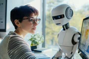 Woman using computer with robotic assistant in modern office environment, exploring technology trends and advancements in artificial intelligence and automation.
