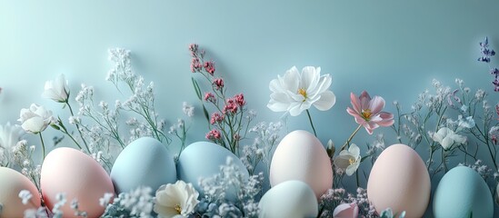 Soft pastel Easter eggs arranged among delicate spring flowers on a light aqua background, creating a charming festive spring atmosphere.