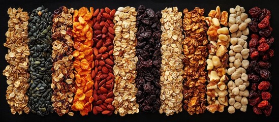 Colorful array of homemade granola mixtures featuring oats, nuts, seeds, and dried fruits arranged in strips on a black background for healthy snacking.
