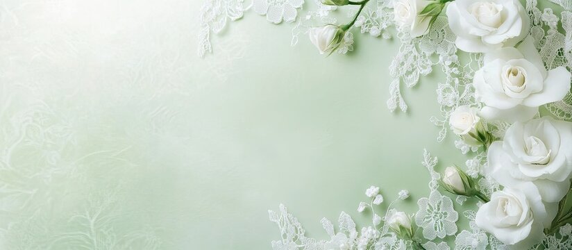 Light green wedding invitation design with lace and white roses on the left side creating a delicate and romantic save the date announcement backdrop