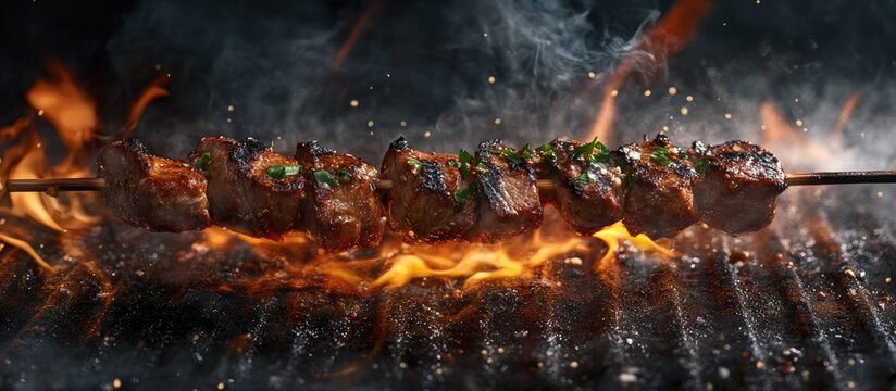 Grilled cumin lamb skewers over flames with smoke billowing featuring juicy meat and green herbs on a dark grill surface creating a mouthwatering sight