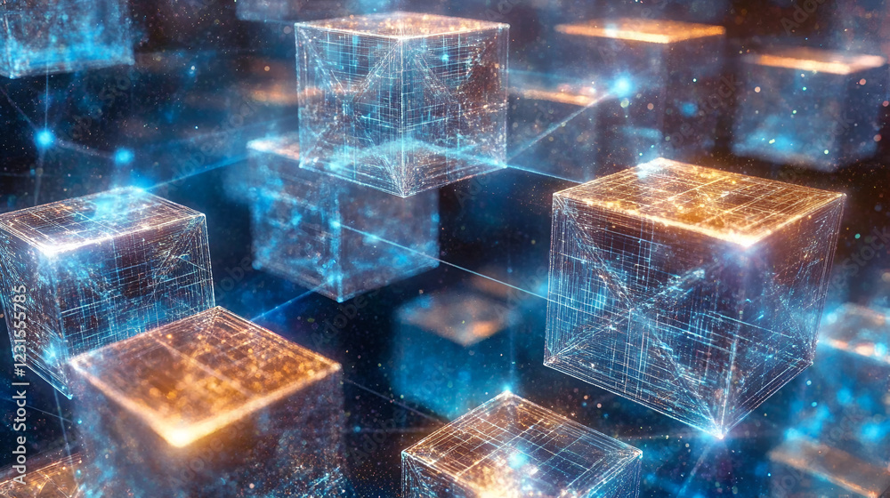 Poster interconnected data cubes: a captivating abstract image depicting a network of glowing data cubes co