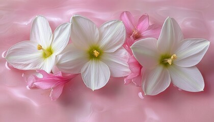 Fototapeta premium Delicate Composition White Rain Lily And Pink Hyacinth Blossoms On A Pastel Pink Background