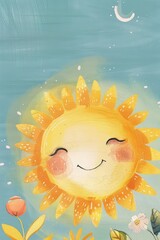 A delightful, illustrated sun with a cute, friendly smile enhances this whimsical nature-themed artwork.