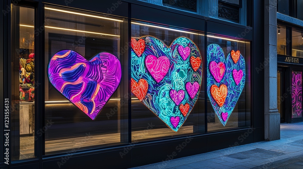 Wall mural Bold artistic window display featuring fragmented neon heart patterns, vibrant abstract shapes, and color changing lights for a modern touch