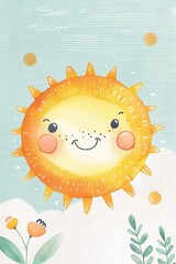 A friendly cartoon-style sun with an adorable face and blushing cheeks brings a sense of joy and positivity.