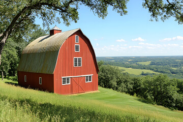 Obraz premium Red Barn on Hilltop: A classic red barn with a curved roof sits proudly on a rolling hillside overlooking a picturesque valley, capturing the quintessential charm of rural America. 