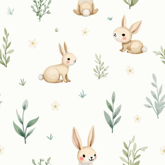 Spring watercolor seamless pattern with cute bunny. Happy Easter print in pastel colors.