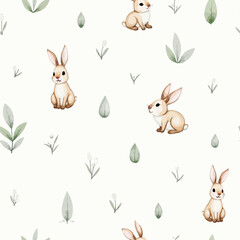 Spring watercolor seamless pattern with cute bunny. Happy Easter print in pastel colors.